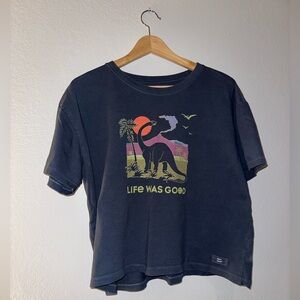 Life Is Good Dark Blue Short Sleeve Crop Top with Dinosaur Graphic